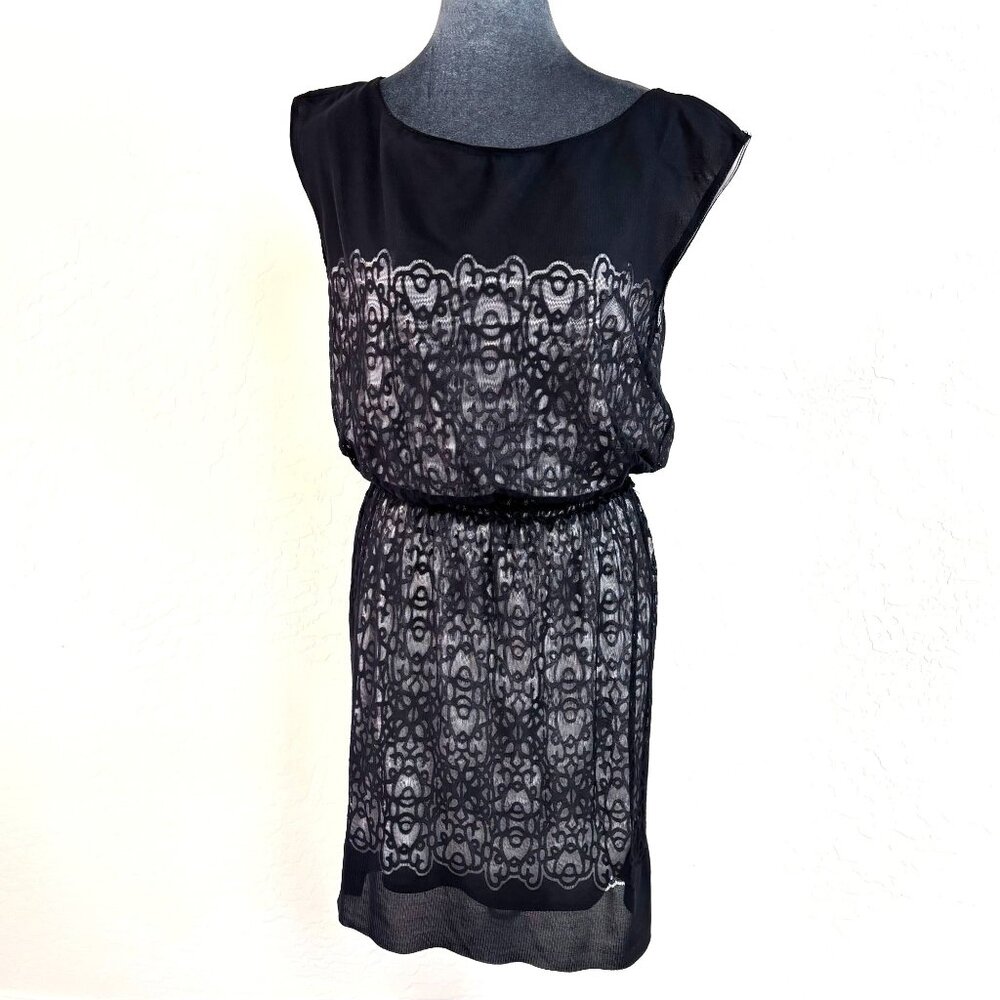 Max Studio‎ Cap Sleeve Blouson Stretch Lace Dress - Black/White - Size M